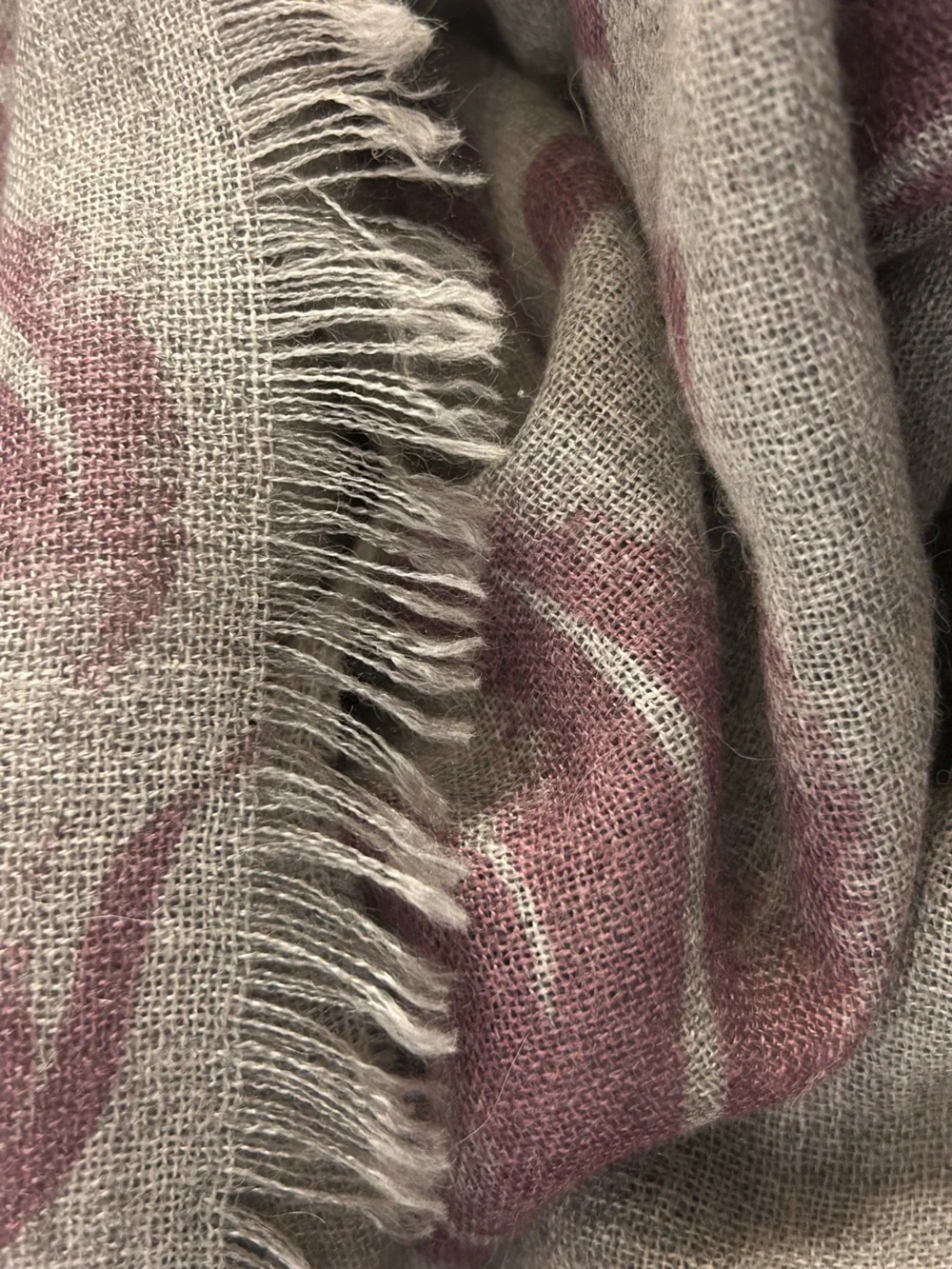 Baby Alpaca Wool and Silk KUNA Scarf Wrap Floral Boho Designer Gray Purple Shawl